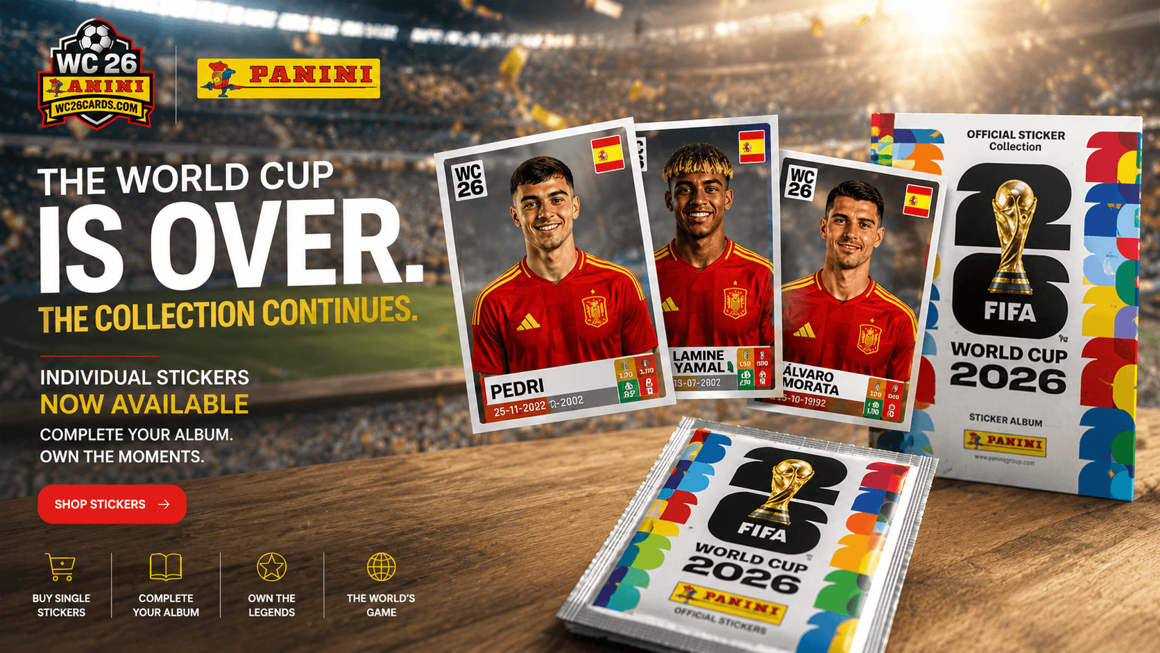 The World Cup is over — the collection continues. Individual Panini FIFA World Cup 2026 stickers now available.