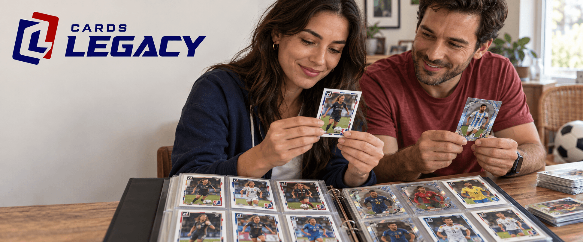A couple building their World Cup sticker album with Panini soccer stickers and cards.
