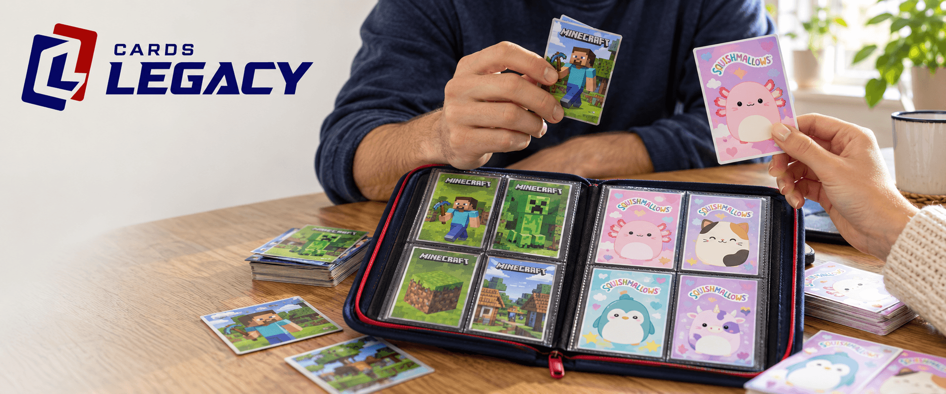 Minecraft and Squishmallows trading cards organized in a collector's binder.