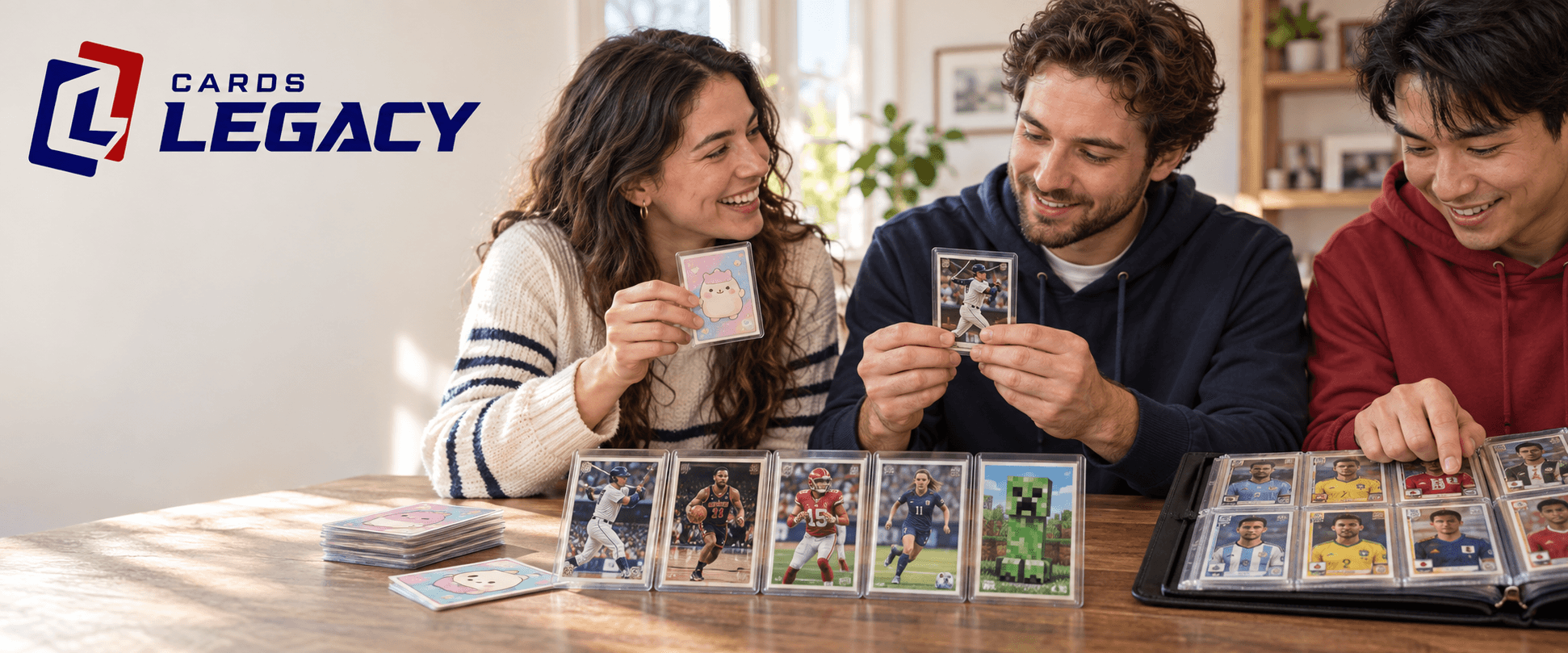 Friends enjoying their collection together — baseball, basketball, football, soccer and Minecraft cards.